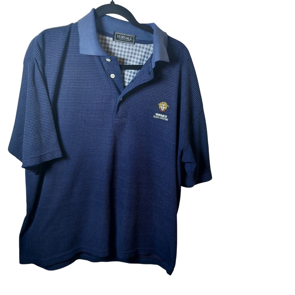 Versace Jeans Couture Mens Polo Shirt Navy Blue Waffle Knit Medusa Logo Large